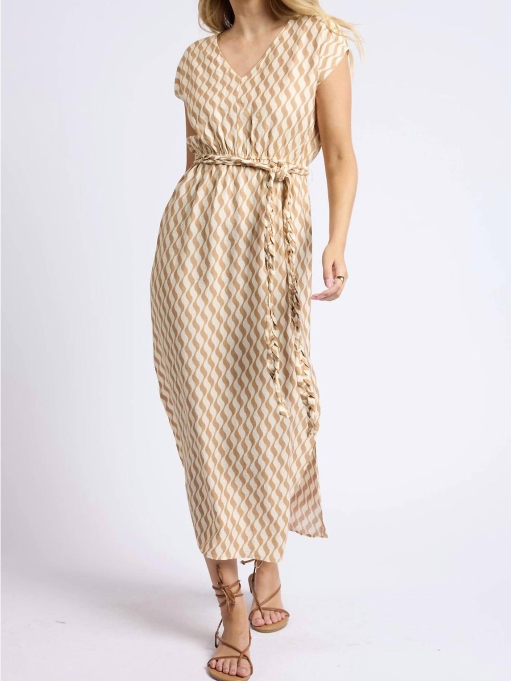 Sage The Label - Neutral Wave-Print Maxi Dress in Beige and Cream